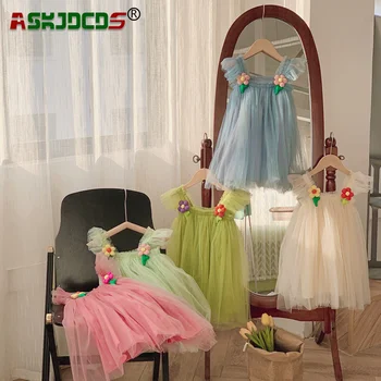 2023 Novo V Poletje Srčkan Princesa Obleko Zabuhle Obleko Otroci Baby Dekleta 3D Cvet Letenje Rokav Očesa Stopenjski Obleke Otrok