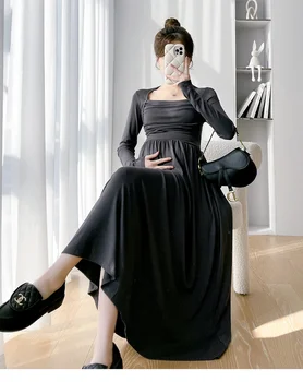 2024 Korejski Modni Stil Porodniškega Večerno Obleko Visoko Pasu Kvadratnih Ovratnik Nosečnosti Nedeljo Oblačila Nosečnica Stranke Obleke