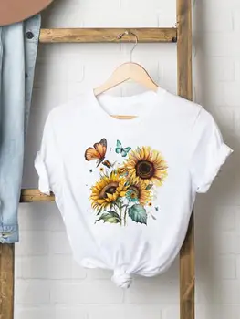 Cvet Akvarel Slog 90. letih Trend Priložnostne Ženske Obleke, Kratek Rokav Gospa Moda Tisk Ženska Majica Tee Graphic T-shirt