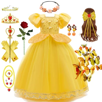 Dekle, Princesa Belle Kostum Otrok Čipke Pearl Rumeno Obleko Rojstni Bleščica Puhasto Luksuzne Obleke Halloween Carnival Določa
