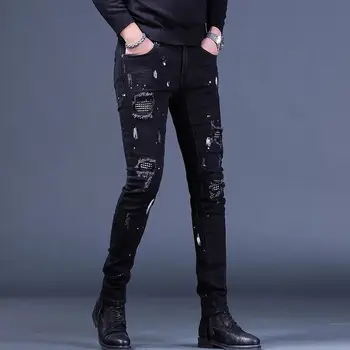 Evropski in Ameriški modni Ripped kavbojke moški obliž hip-hop-splash-ink high street modne blagovne znamke korejski moda berač hlače