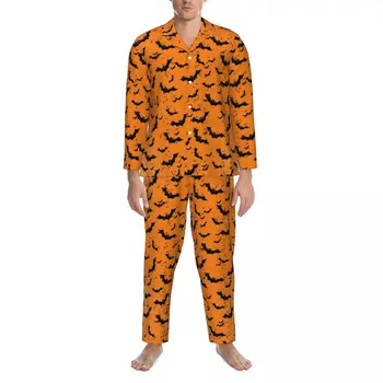 Halloween Bat Pižamo Mens Oranžna In Črna Toplo Spalnica Sleepwear Jeseni 2 Kos Priložnostne Prevelik Domači Obleko