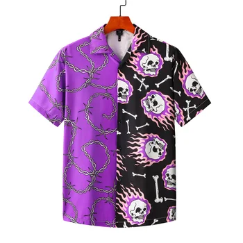 Koszula Vijolična Črna Mozaik Letnik Majica Poletje Novo Mens Hawaiian Kratek Rokav Lobanje Natisnjeni Prevelik Plaži Srajce Človek Hemd