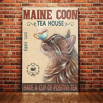 Maine Coon Mačka Čaj Hiša Retro Kovinski Tin Prijavite Letnik se Prijavite za Domačo Kavo Vrtni Zid Dekor
