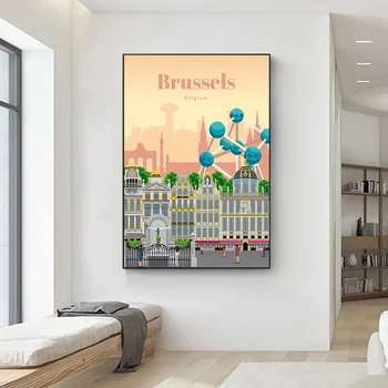 Modni Svet Krajine Turizem Plakat Bruslju Wall Art Print na Slikarsko Platno za dnevno Sobo, Spalnica Dekoracijo HD Slike