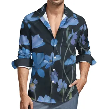 Modra Cvetlični Majica Moški Elegantno Cvetje Priložnostne Majice Pomlad Y2K Vzorec Bluze z Dolgimi Rokavi Novost Prevelik Top Ideja za Darilo