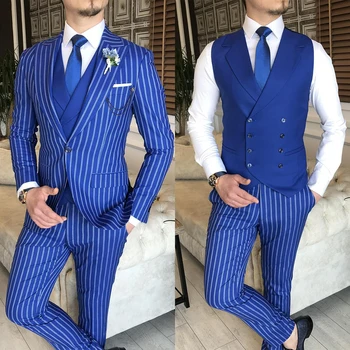 Moška Obleka 3 Kosov Jopič Telovnik Hlače En Gumb Dosegla vrhunec River Pinstripes Formalnih Poslovnih Modra Slim Poroko Ženina Kostum Homme