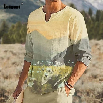 Moške Dolge Rokave Osnovne Majice Oblačila 2023 Poletje Klasičnih Vrhovi Letnik Krajine Tiskanja Bluzo Mens Priložnostne Ulica Retro Majica