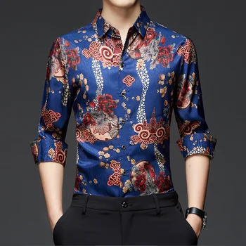 Moške Svilene obleke Srajce 2022 Pomlad Moda Cvjetnim Natisne Oblačila Vrhovi Moški Dolg Rokav Cvetje Tiskanje Saten Svila Majice