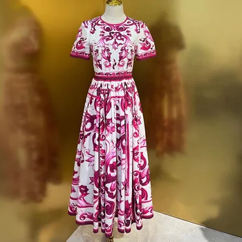 Oblikovalec vzletno-pristajalne Steze, ki se Zgleduje Poletje Žensk Bombaž Midi Obleko Z Luksuznimi Modni Vzorec Tiskanja