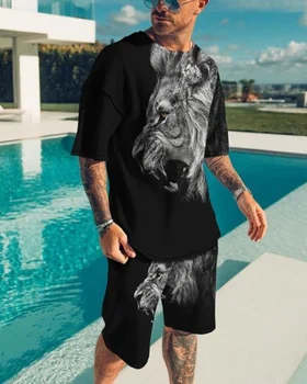 Poletje Moški Trenirko 3D Levji Kralj Natisnjeni T-Majice, Hlače 2 Kos Set Moda Moška Oblačila Plus Velikost Priložnostne Moške Obleke TShirts
