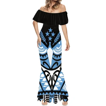 Polinezijski Plemenski Pohnpei Totem Tatoo Natisne Elegantno Off Ramen, Visoko Kakovost Kratek Rokav Dolgo Obleko Slim Dama Veliki lejt ba 7XL