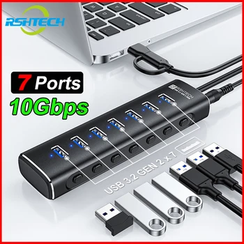 RSHTECH A107 USB Hub 7 Vrata USB 3 2 Gen 2 Splitter 10Gbps USB-A, USB-C Podatkovni Kabel Posameznih Stikala USB C Središče za Prenosni RAČUNALNIK