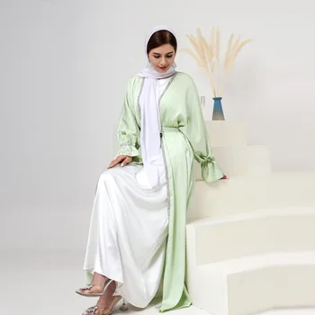 Stranka Abaya Dolgo Obleko za Ženske Saten Beaded Trim Islamska Oblačila Kimono Dubaj Muslimanskih Večerne Obleke Obleko Cardigan