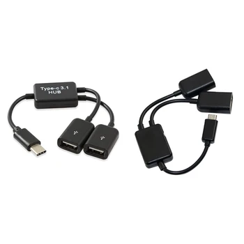 Top 1 Kos Tip C OTG USB Moški Dvojni 2.0 Ženski OTG Polnjenje 2 Port HUB Kabel Y Razdelilnik & 1 Kos Mikro-USB Host Kabel Mikro-USB M