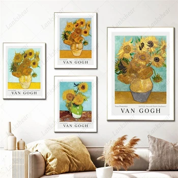 Vincent Van Gogh Vaza Platno Slikarstvo Pet Sončnice Wall Art Nordijska Plakatov in Fotografij Sliko za Dnevna Soba Dekoracijo Doma