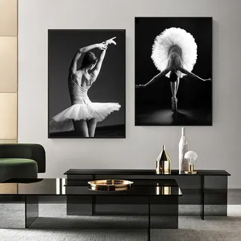 Črni in Beli Balet Plesalka Platno Slikarstvo Elegantna Balerina Predstavljajo Foto Tiskanje Plakata Stenskih slikah, za Notranje zadeve, Soba Dekor