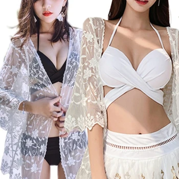 Ženska 3/4 Rokavi Odpri Prednji Odklon Kimono Jopico Vezenje Cvetlični Čipke Kratek Kopalke Bikini prikriti Seksi Plaži, Mini D5QD